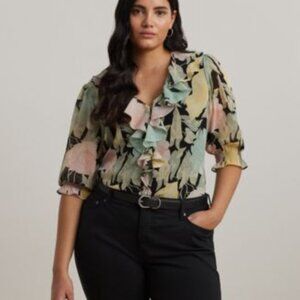 Lauren Ralph Lauren Black Floral Ruffle Blouse plus size 2X